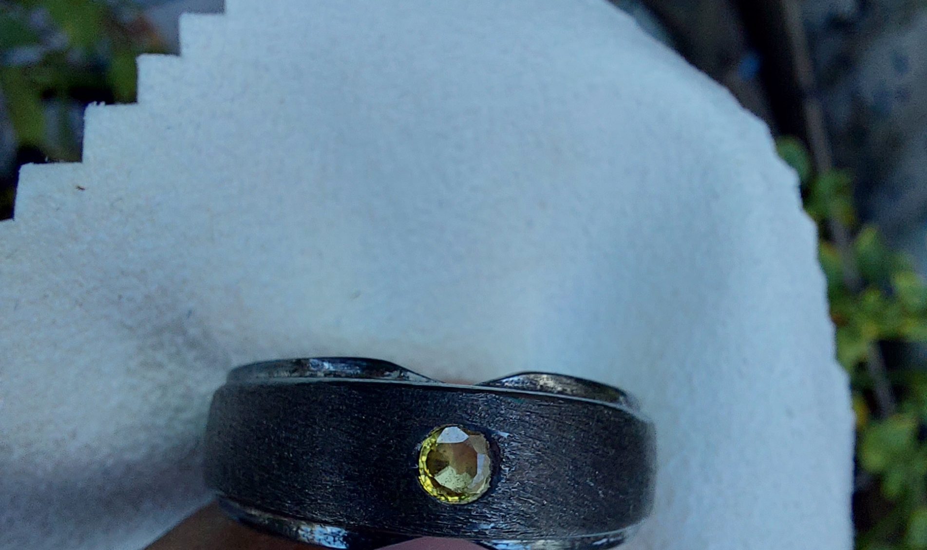 Black oxidized Chandi ring with genuine Sapphire and Pukhraj gemstones