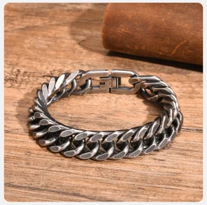 Stainless steel bracelet close-up on white background