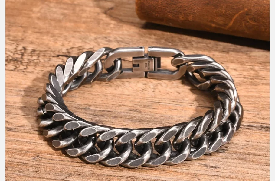 Stainless steel bracelet close-up on white background