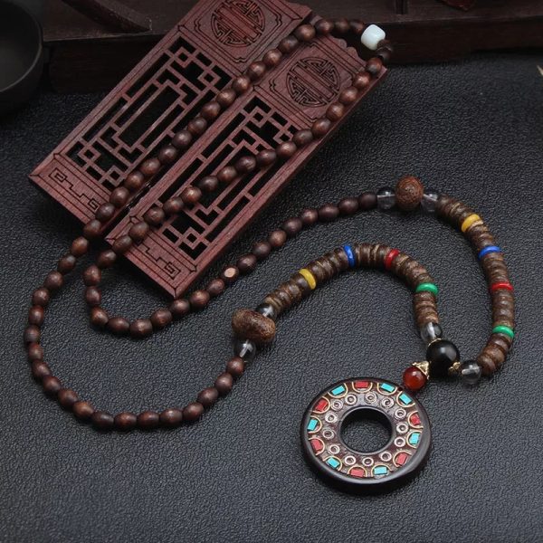 Extra long 40 inch wood and stone necklace natural boho jewelry