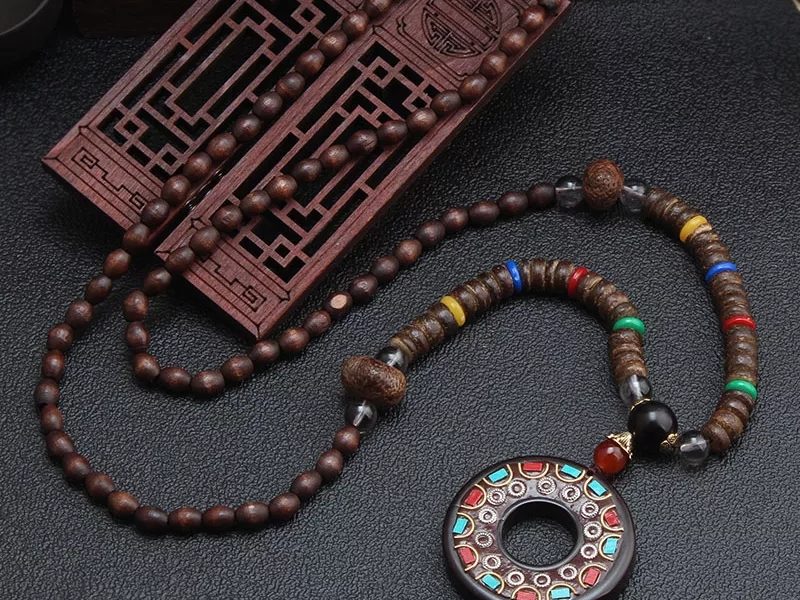 Extra long 40 inch wood and stone necklace natural boho jewelry