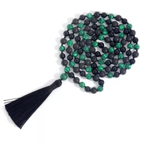 Malachite black aqeeq lava stone beaded necklace 100 beads hand knotted