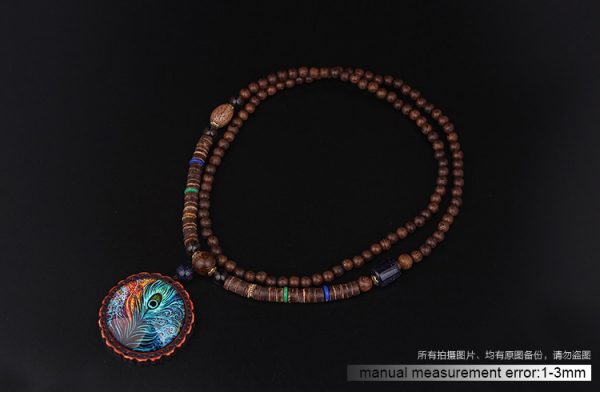Extra long 40-inch wood and stone necklace with peacock pendant boho jewelry