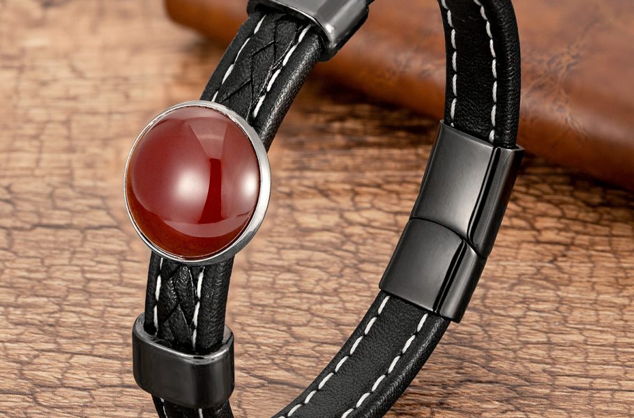 Aqeeq genuine gemstone leather bracelet natural stone jewelry