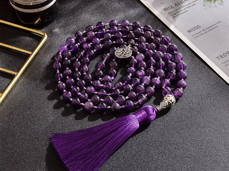 Amethyst genuine gemstone 100 beads 8mm hand knotted necklace